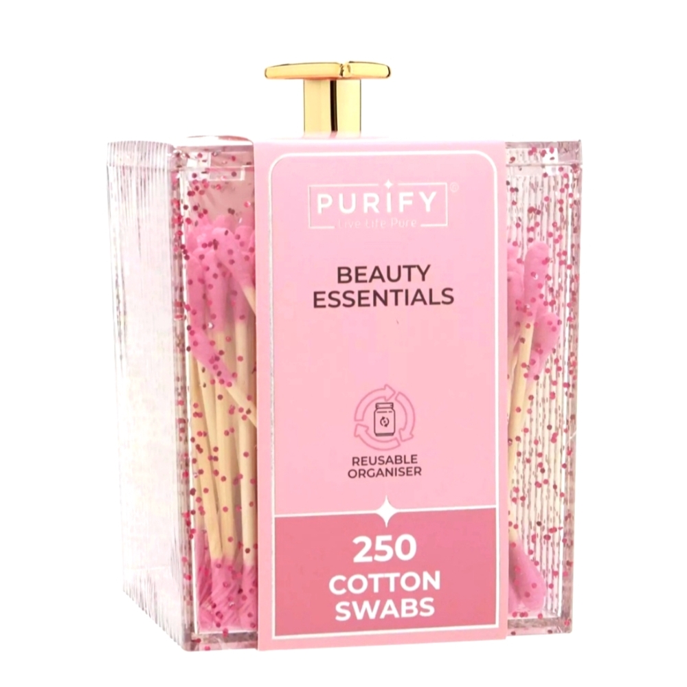 🍎 Purify Live Life Pure Beauty Essentials Cotton Swabs Gold Heart Glitter Pink